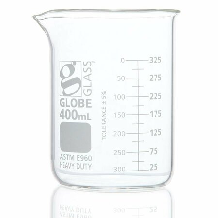 GLOBE SCIENTIFIC Beaker, Globe Glass, 400mL, Low Form Griffin Style, Heavy Duty, Dual Graduations, ASTM E960, 12PK 8020400